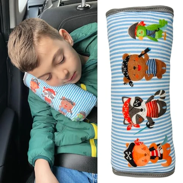 HECKBO Auto Schlafkissen Piraten Tiere Motiv für Kinder Mädchen Jungen - maschinenwaschbar – kuschelweich - Auto Gurtkissen, Gurtschoner, Gurtschutz Sitzerhöhung, Auto Kissen, Reisekissen, Urlaub – Bild 2