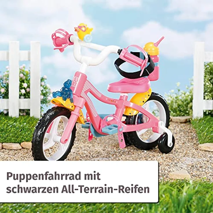 BABY born Puppenfahrrad 835449, rosa mit Stützrädern, Sicherheitsgurt, Blinklicht, Hupe und Flasche für 43cm Puppen – Bild 2