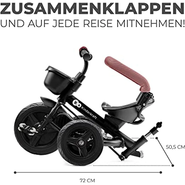 kk Kinderkraft Kinderkraft AVEO Dreirad ab 9 Monate bis 25 kg, Kinderdreirad mit schubstange, Kompakte zusammenklappen, drehbarer Sitz, ausklappbarem Verdeck mit sonnenschutz, Getränkehalter korb im set, Rosa – Bild 5