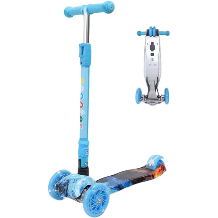 Europebazar Habib Kinderroller Metall-Roller 3-Rad mit verstellbarem Lenker, LED Licht, klappbar, bis 50kg, Blau