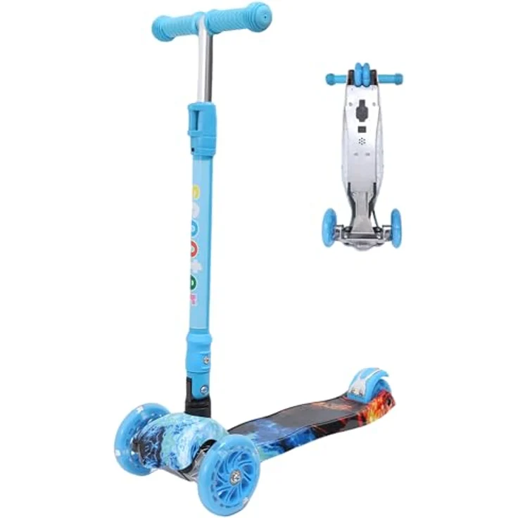 Europebazar Habib Kinderroller Metall-Roller 3-Rad mit verstellbarem Lenker, LED Licht, klappbar, bis 50kg, Blau – Bild 1