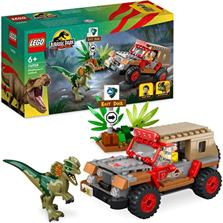 LEGO 76958 Jurassic Park Hinterhalt des Dilophosaurus, Dinosaurier Spielzeug Set mit Figur und Jeep für Kinder ab 6 Jahren – Bild 1