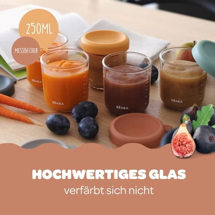 Beaba Glasportionenset, Babynahrungsbehälter mit 4 x 250 ml Portionengläschen, hitzebeständig und mit hermetischen Silikondeckeln, transparent – Bild 4