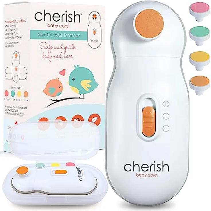 Cherish Baby Care Elektrische Nagelfeile Baby, Nagelset mit 4 Feilpads, automatischer Sicherheitsstopp, für Neugeborene (0-12 Monate) mit Etui – Bild 1