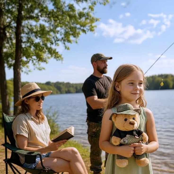 BRUBAKER Teddybär Angler mit Fisch und Anglerhut, 25 cm Plüschbär in Hellbraun Camouflage - Kuscheltier Geschenk für Angler und Outdoor Fans, Pflegeleicht und langlebig – Bild 3