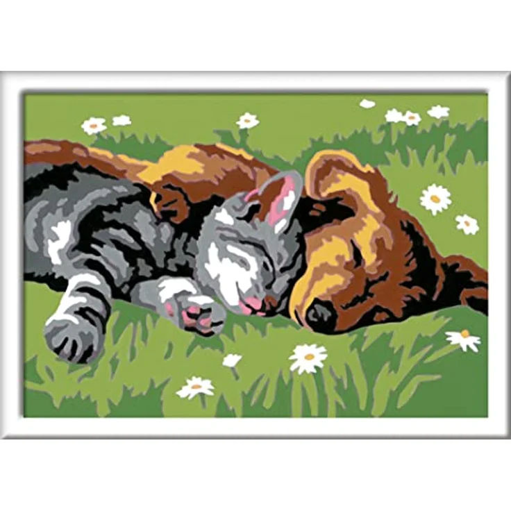 Ravensburger Malen nach Zahlen CreArt - Hund und Katze schlafen süß, vorgedruckte Malvorlage mit wasserbasierten Farben und Rahmen – Bild 2