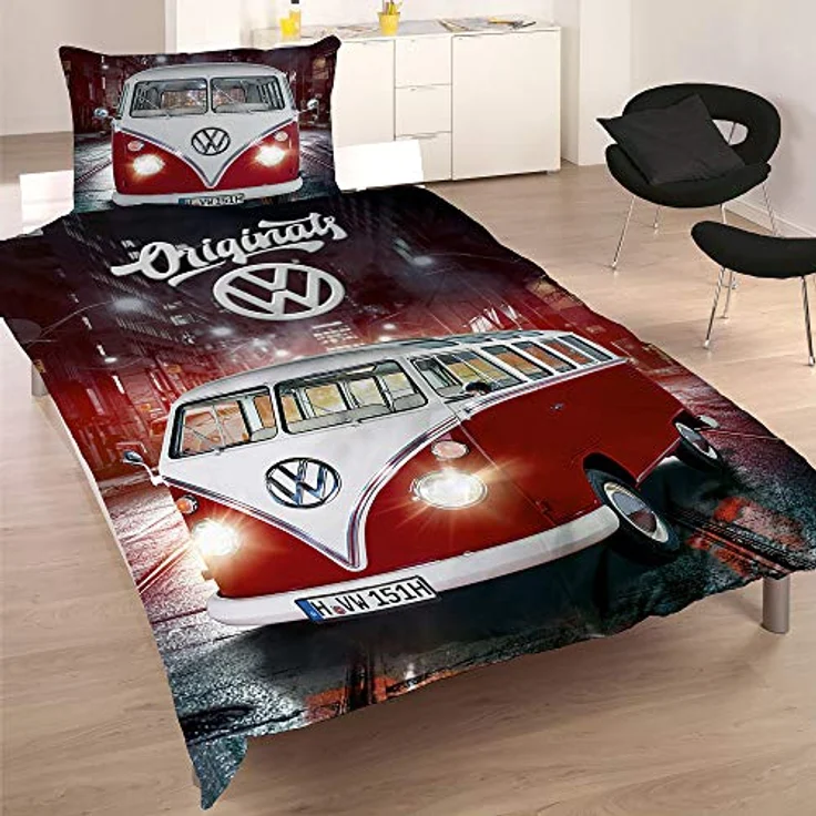 BERONAGE VW Volkswagen Bulli Bettwäsche Originals Rot/Blau 135 cm x 200 cm + 80 cm x 80 cm VW-Bus T1 100% Baumwolle Linon/Renforcé Retro Camper Van 2 Motive Wendebettwäsche Reißverschluss 087, Kinderbettwäschen – Bild 2
