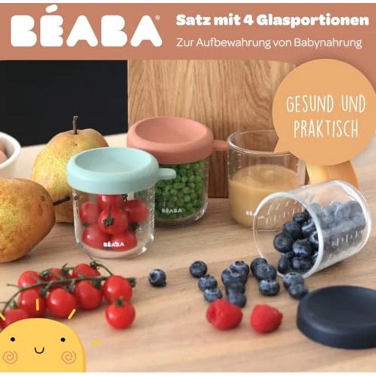 Beaba Glasportionenset, Babynahrungsbehälter mit 4 x 250 ml Portionengläschen, hitzebeständig und mit hermetischen Silikondeckeln, transparent – Bild 3