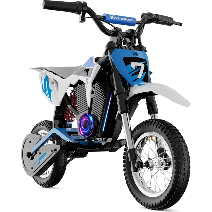 EVERCROSS EV12M PRO Elektromotorrad für Kinder, 300W Motor, 15KM Reichweite, 12'' Luftreifen, Bluetooth Musik, bunte Lichter, Blau