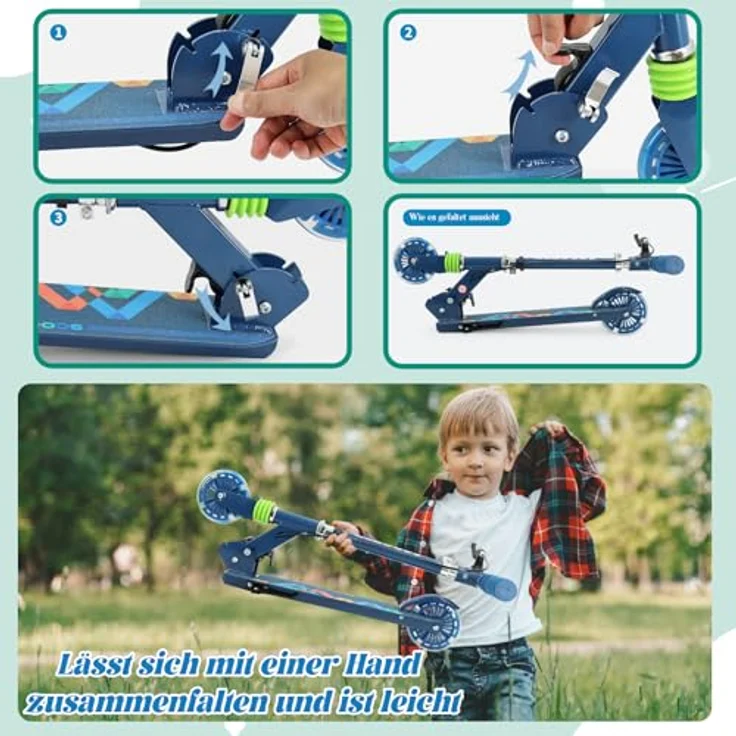 TENBOOM Kinder Scooter Roller Tretroller mit Höhenverstellbarem Lenker, Hinterradbremse, LED-Leuchträdern, klappbar für Kinder ab 3 Jahre, bis 50 kg – Bild 5