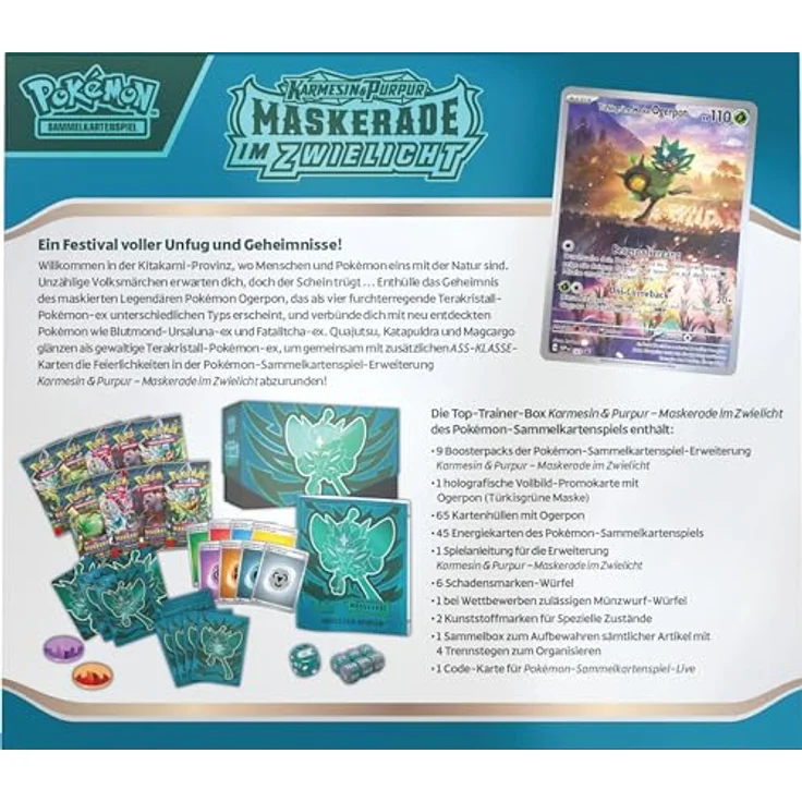 Pokémon-Sammelkartenspiel: Top-Trainer-Box Karmesin & Purpur – Maskerade im Zwielicht (1 Vollbild-Promokarte mit Türkisgrüne-Maske-Ogerpon, 9 Boosterpacks & Premium-Zubehör) – Bild 4