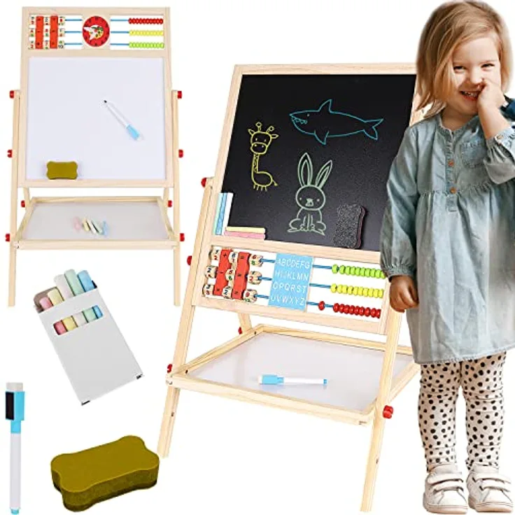 KRUZZEL Standtafel Faltbare Kindertafel, Doppelseitige Kreidetafel aus Holz