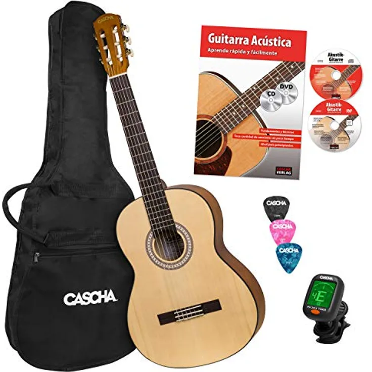 CASCHA Student Series 4/4 Klassikgitarre für Anfänger inkl. Schreibbuch, Stimmgerät, Gigbag/Tasche, 3 Spitzen, Klassisch für Kinder ab 10 Jahren, für Anfänger, Nylonsaiten