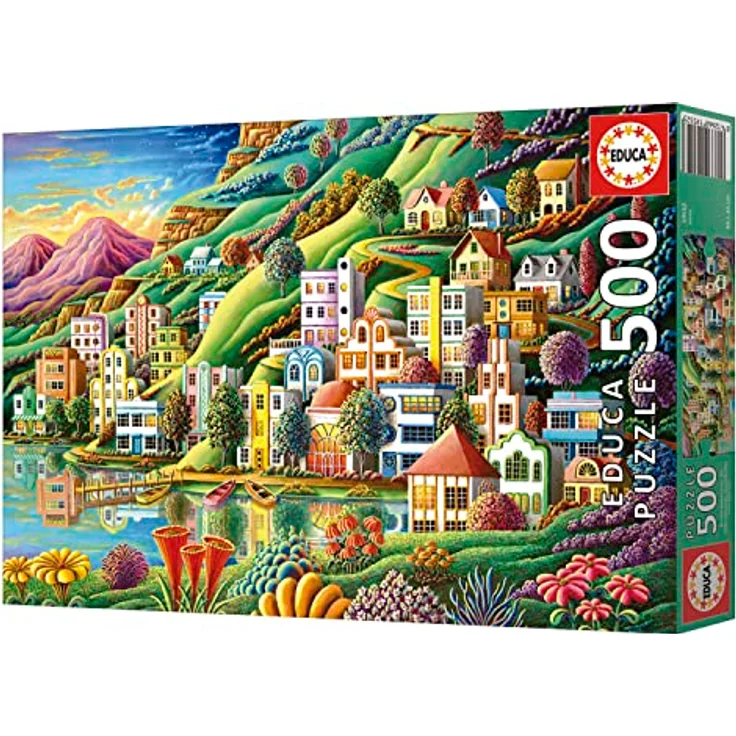 Educa Puzzle 500 Teile "Buntes Dorf am See", hochwertige Landschaftsillustration für Erwachsene und Kinder ab 11 Jahren, 48 x 34 cm – Bild 4