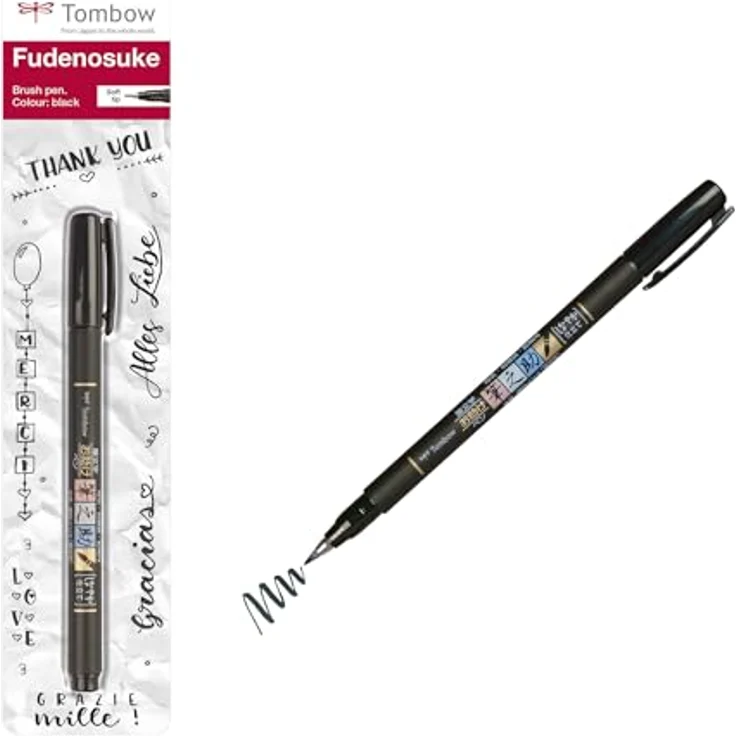 TOMBOW Fudenosuke, Filzstift mit weicher Spitze für Kalligraphie und Handlettering, schwarz – Bild 1
