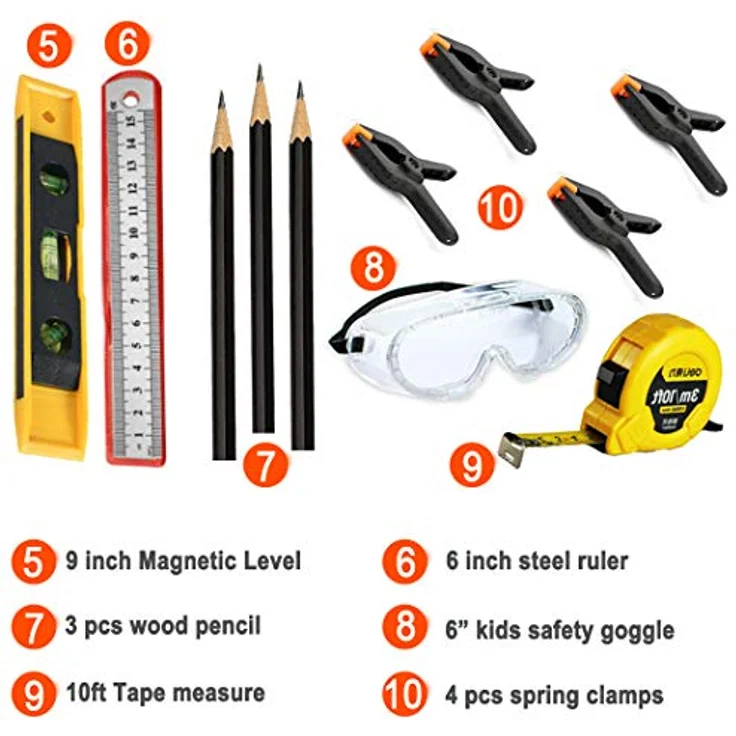 QeeHeng Kinder-Werkzeug-Set, 25-teiliges echtes Handwerkzeug für junge Bauarbeiter, inkl. Gürtel und Hammer, ideal für Anfänger und DIY-Projekte, mit Sicherheitsbrille und Werkzeugtasche – Bild 5