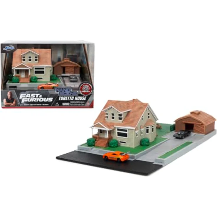 Jada Toys Fast & Furious Dom Toretto Haus Diorama mit Garage, 2 Metall-Nanofahrzeugen (Dodge Charger & Toyota Supra), 360° Nachbildung für Fans ab 8 Jahren – Bild 1