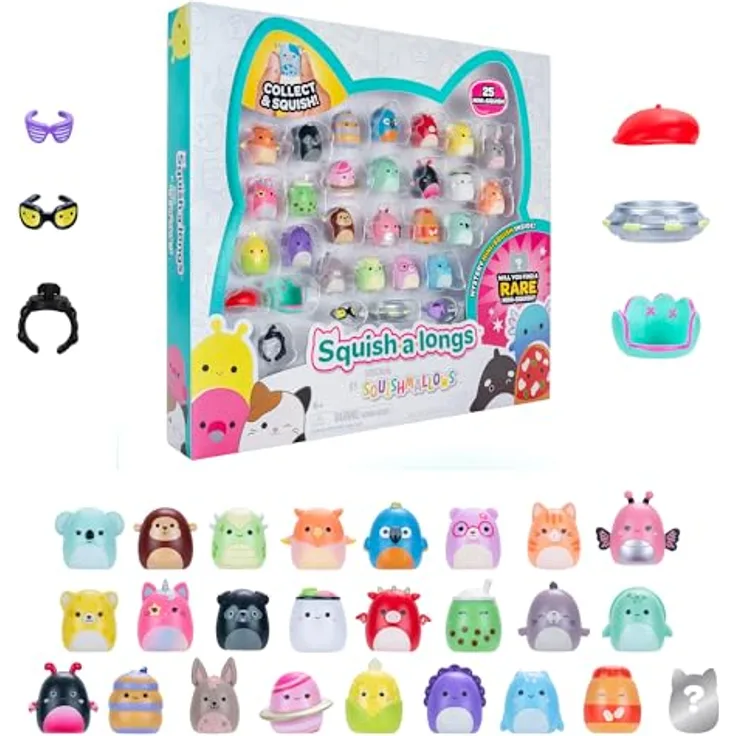 Jazwares Squishmallows Squish-a-longs, 25er Set von Sammelfiguren, 2,5 cm groß mit tragbaren Accessoires und Sammlerhandbuch