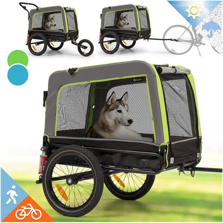 KLARFIT Fahrradkinderanhänger Husky Vario 2-in-1 Hundeanhänger, Hund Fahrradanhänger 240L Volumen, für kleine bis mittelgroße Hunde, 40 kg Gewichtsgrenze, 600D Oxford Canvas, SoftRide Suspension, StVO-zugelassenes Rücklicht erforderlich, blau