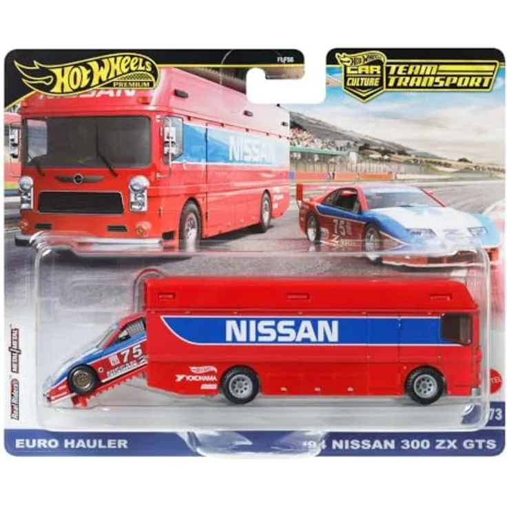 Hot Wheels Euro Hauler Nissan 300 ZX GTS, Maßstab 1/64, Spielzeugauto Set mit Nissan-Bus und Rennauto