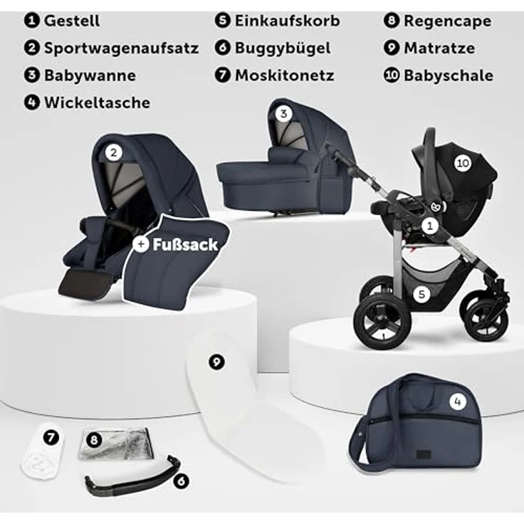 Bergsteiger Capri Kombikinderwagen 3-in-1, mit Babywanne, Sportsitz & i-Size Babyschale, Luftreifen, Federung, höhenverstellbarer Griff, faltbar, inkl. Zubehör – Bild 3