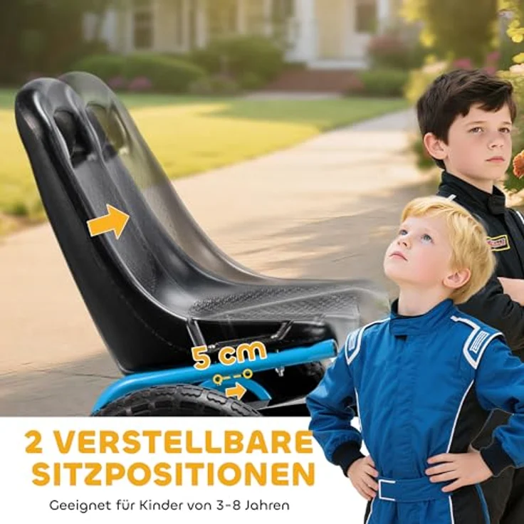 AIYAPLAY Go-Kart Tretauto mit verstellbarem Sitz, Handbremse und Vor- und Rückwärtsgang, für Kinder 3-8 Jahre, Blau – Bild 4