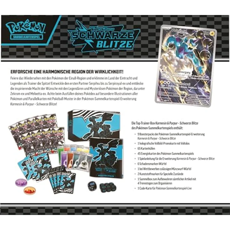 Pokémon Top-Trainer-Box Karmesin & Purpur – Schwarze Blitze: Zekrom, 1 Vollbild-Promokarte mit Voltolos, 9 Boosterpacks & Premium-Zubehör – Bild 4