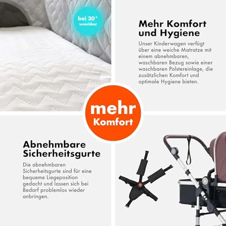 Daliya® NEOMOVE 2in1 Kombi-Kinderwagen, Buggy mit klappbarer Babywanne und Sportsitz, große pannensichere Räder, stufenlos verstellbare Rückenlehne, leichter Alu-Rahmen, großer Einkaufskorb, Silber-Violett – Bild 5