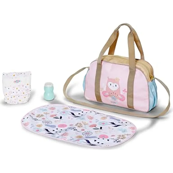 BABY born Wickeltasche, Puppenwickeltasche mit Blumen, inkl. Wickelunterlage, Windel und Puderdose, sanfte Pastellfarben, viel Stauraum