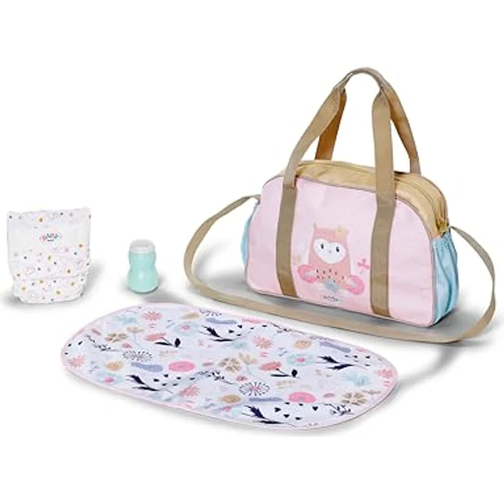 BABY born Wickeltasche, Puppenwickeltasche mit Blumen, inkl. Wickelunterlage, Windel und Puderdose, sanfte Pastellfarben, viel Stauraum – Bild 1