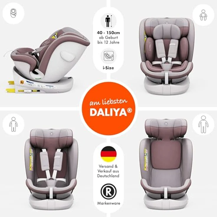 Daliya® ROTAZIONE I-Size Kindersitz, Autositz, Babyschale in Pastellrosa, mit 8-stufiger Sitzneigungsverstellung und höhenverstellbarer Kopfstütze bis 12 Jahre, ab 36 kg, ab Geburt geeignet – Bild 2