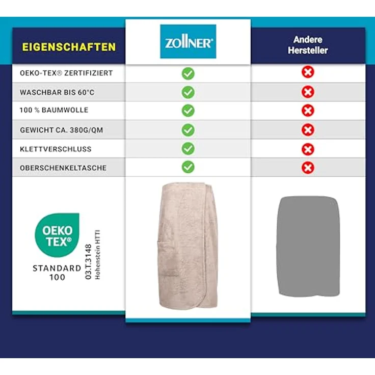 Zollner Bademantel Fango, Textil in L/XL, Oeko-Tex® Standard 100, saugfähig, mit Oberschenkeltasche und Gummizug – Bild 6