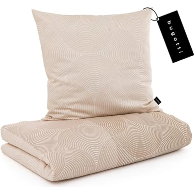 bugatti Bettwäsche 135x200 cm - 100% Baumwolle, Reißverschluss, anschmiegsam, weich & waschbar, Mako Satinbettwäsche Kreise grafisch beige – Bild 1