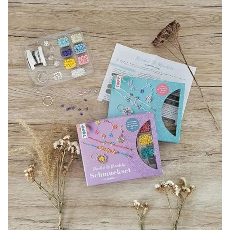 Frech Verlag Bastelperlen Mindful Mandala Schmuckset - Harmony, 120 Rautenperlen in Pink, Gelb, Blau und Orange, für Armbänder und Schlüsselanhänger – Bild 6