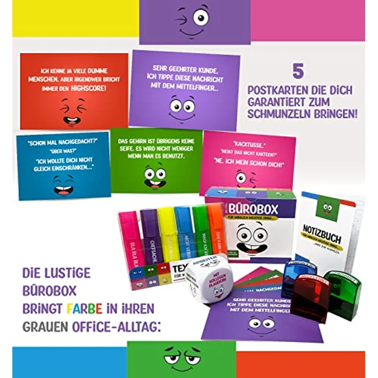 Longfair Lustige Büro Geschenk Box, 24-teiliges Set mit Textmarkern, Anti-Stress Würfel, Notizblock, Stempeln und Postkarten – Bild 4