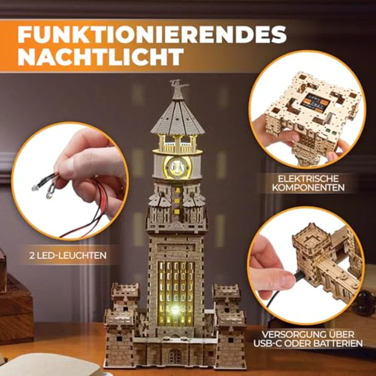 UGEARS Leuchtturm von Alexandria, 3D Holzpuzzle Bausatz für Erwachsene mit LED-Nachtlicht, 340 Teile, historisches Design – Bild 5