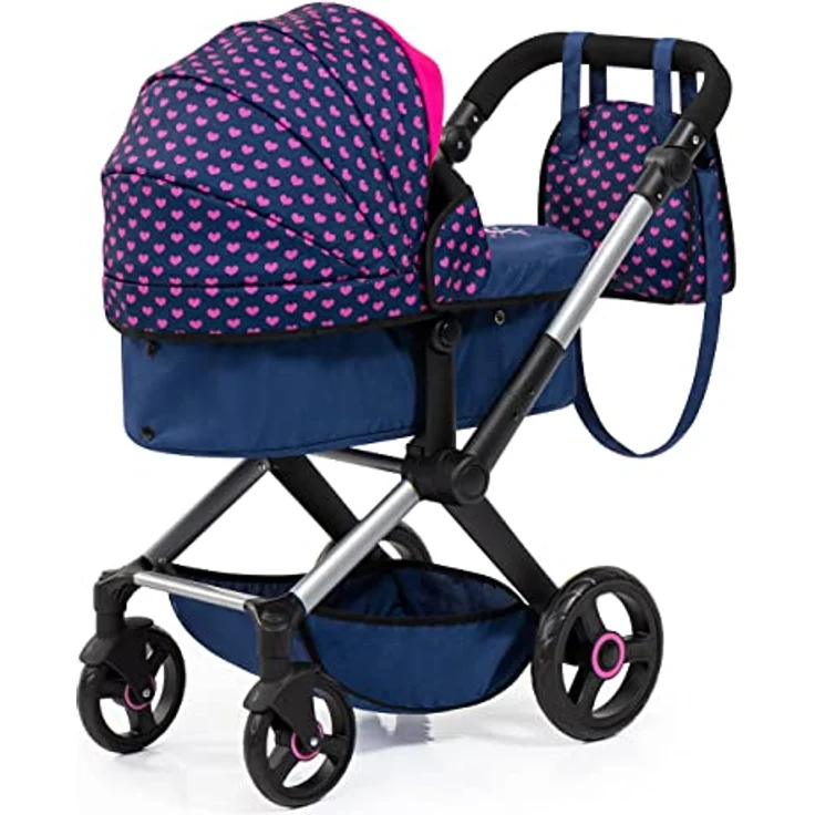 Bayer Design Kombi-Puppenwagen Xeo Herzchen dunkelblau rosa – Bild 3
