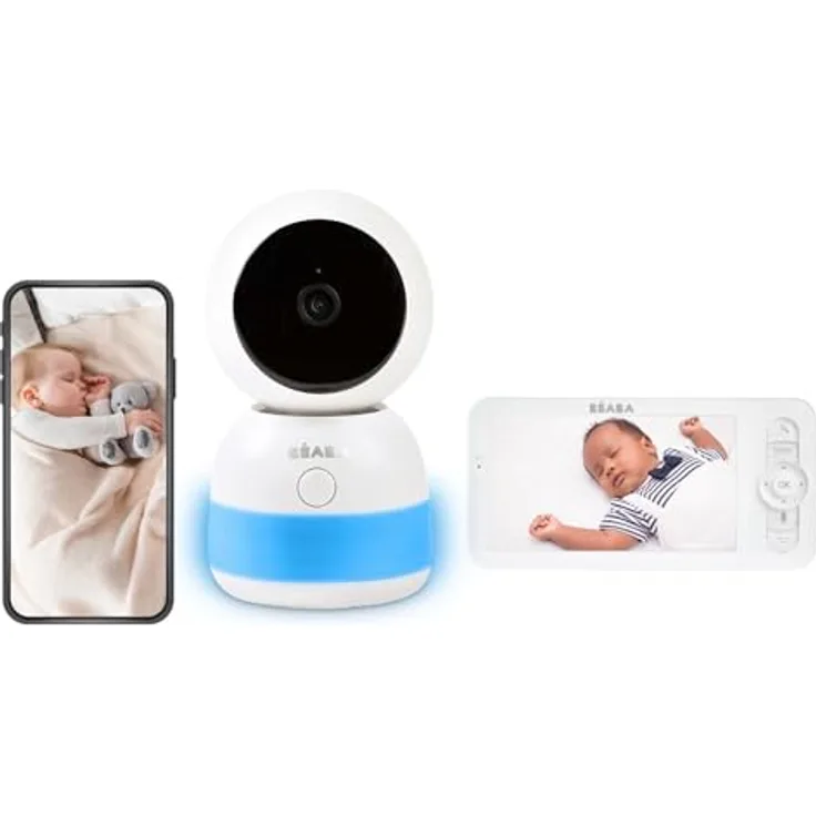 Béaba Babyphone mit Videofunktion, 720p-HD-Bildschirm, 360°-Kamera, Nachtsicht, Handy-App, Nachtlicht, Walkie-Talkie, Schlaflieder, Thermometer und Luftfeuchtigkeitskontrolle, Zen Night Light Weiß