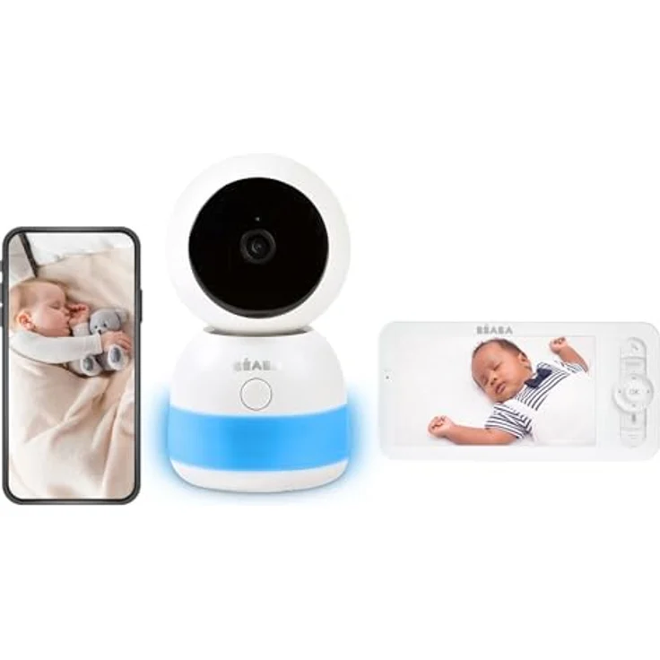 Béaba Babyphone mit Videofunktion, 720p-HD-Bildschirm, 360°-Kamera, Nachtsicht, Handy-App, Nachtlicht, Walkie-Talkie, Schlaflieder, Thermometer und Luftfeuchtigkeitskontrolle, Zen Night Light Weiß – Bild 1