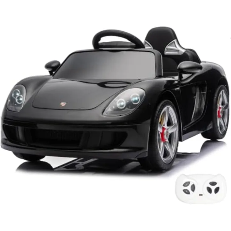 Porsche Carrera GT Elektro-Kinderauto 12V, mit Fernbedienung, Ledersitz, Bluetooth, EVA-Reifen – Offiziell lizenziertes Kinder Elektroauto – Schwarz