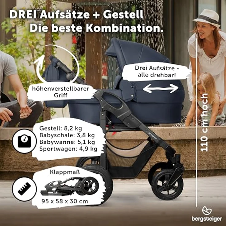 Bergsteiger Capri Kombikinderwagen 4-in-1, Babywanne, Sportsitz, i-Size Babyschale, Isofix-Station, höhenverstellbar, faltbar, Luftreifen, Zubehör – Bild 7