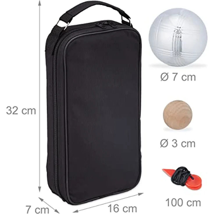 Relaxdays Boule, 8 Metall Kugeln, Set mit Zielkugel & Abstandsmesser, Tragetasche, Boccia Spiel, Silber/schwarz – Bild 4