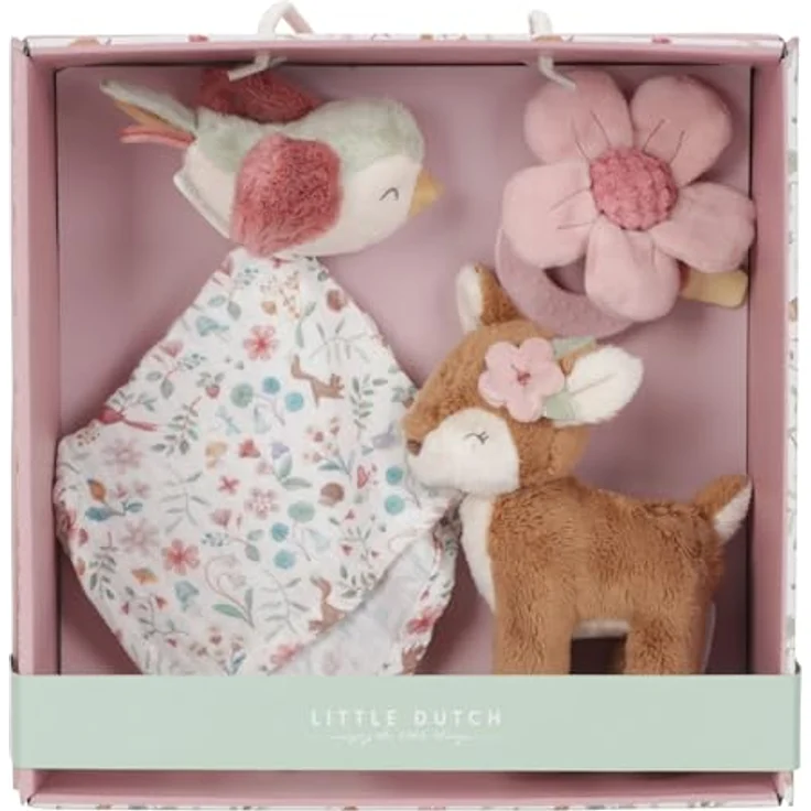 Little Dutch Fairy Garden Unilelu, Geschenkset mit Schmusetuch, Kuscheltiers Hirsch und Beissring, rosa – Bild 1