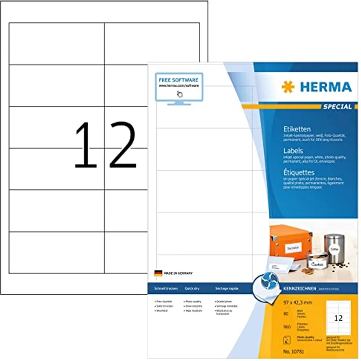 HERMA 960 Etiketten, selbstklebend, weiß, 97,0 x 42,3 mm, 960 Stück, für InkJet Drucker – Bild 1
