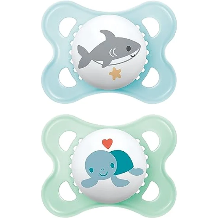 MAM Original Baby Schnuller im 2er-Set, zahnfreundlicher aus nachhaltigen & bio-erneuerbaren Materialien, Sauger aus MAM SkinSoft Silikon, mit Schnullerbox, 0-6 Monate, Hai/Schildkröte – Bild 1