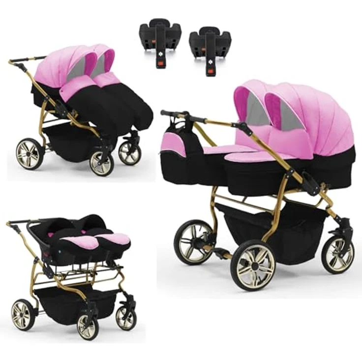 Elcar Zwillingskinderwagen 5 in 1 Duet Lux Goldedition inkl. Autositze und Iso Bases - 14 Teile - in 20 Farben, variabel und komfortabel – Bild 1