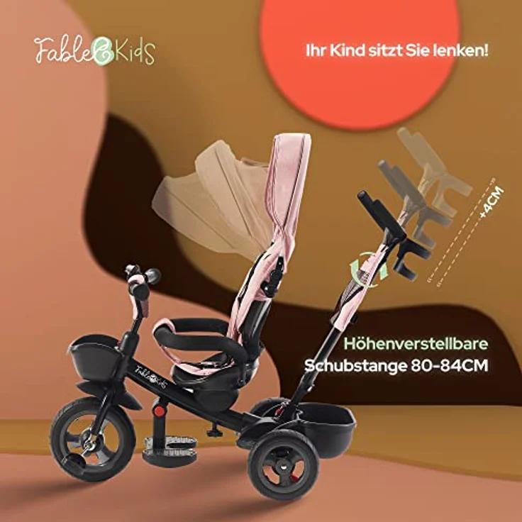 FableKids 5in1 Dreirad Noemi mit Schubstange ab 18 Monate bis 25kg, Vorwärts und Rückwärtsfahrt, PU-Reifen, Freilauf geräumiger, Korb, Tasche, Getränkehalter - Pink – Bild 6