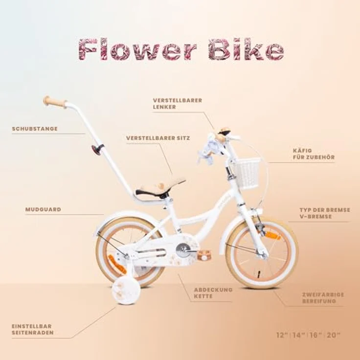sun baby Mädchenfahrrad 14 Zoll Flower Bike mit Abnehmbarer Schubstange, Kinderfahrrad für Mädchen von 2 bis 6 Jahre (Weiß Beige) – Bild 5