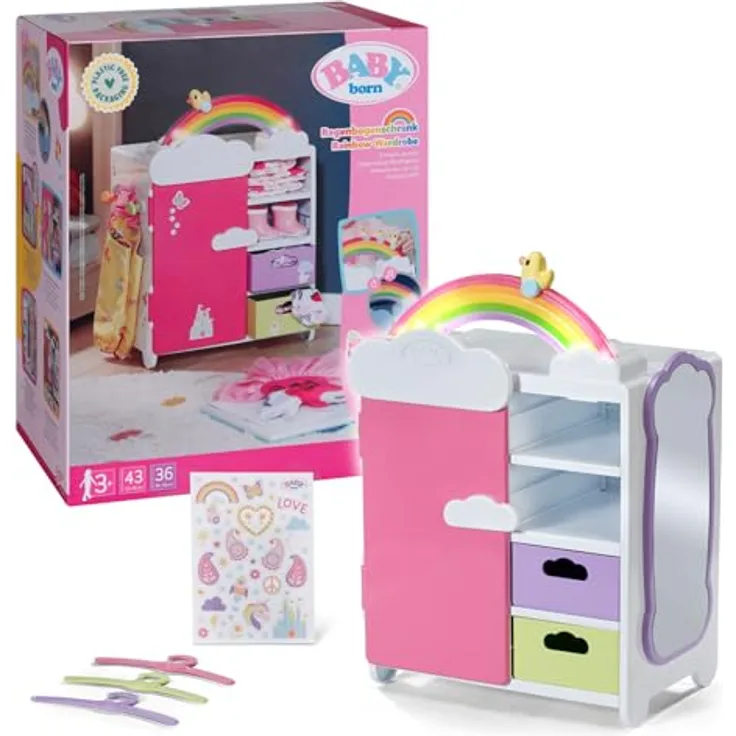 Baby Born Puppenkleiderschrank Regenbogen, mit Licht- und Soundeffekt, Kleiderstange und herausnehmbaren Schubfächern