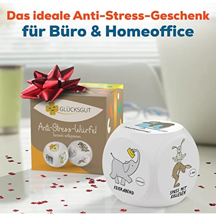 GLÜCKSGUT® Anti-Stress-Würfel, lustiges Spielzeug mit 6 humorvollen Motiven, inklusive Geschenkbox und Anleitung für Stressabbau im Büro – Bild 2